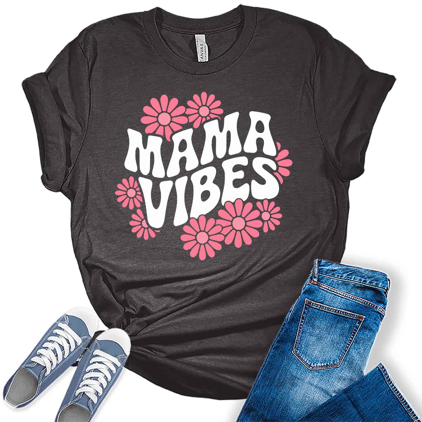 Women's Groovy Retro Mama Floral Daisies Casual Graphic Tees Bella Plus Sized Tops