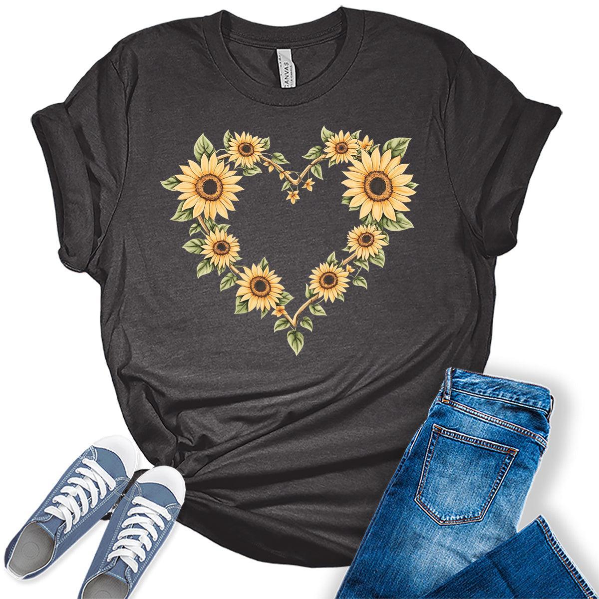 Womens Sunflower Shirts Floral Vintage Heart Graphic Tees Spring Cottagecore T Shirts Bella Summer Tops