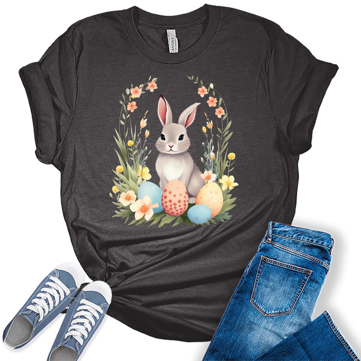 Women's Easter Shirts Bunny Eggs Cute Trendy Casual Graphic Tees Bella Plus Sized Tops