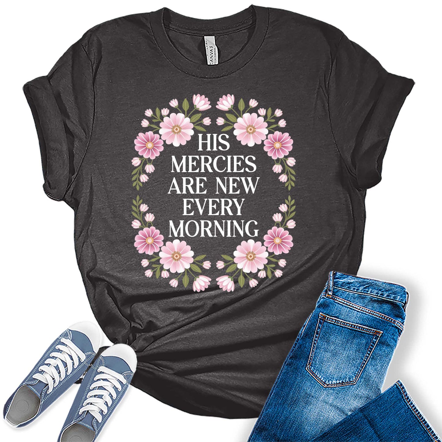 Women's His Mercies Are New Cute Trendy Faith Shirts Christian Casual Graphic Tees Bella Plus Sized Tops