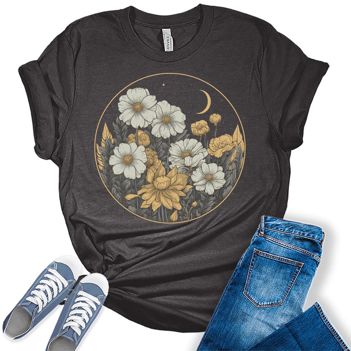Floral Shirts Womens Graphic Tees Wildflower Vintage Moon Spring Cottagecore T Shirts Bella Summer Tops