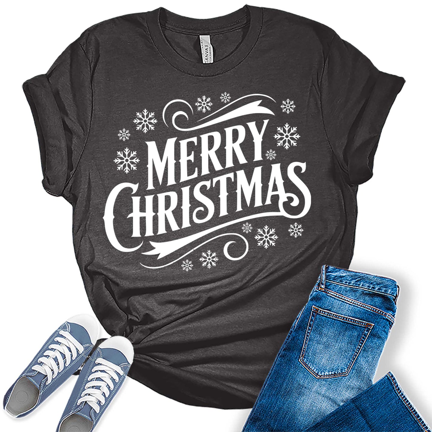 Christmas Shirts For Women Merry Christmas Vintage Letter Print Snowflakes Graphic Tees