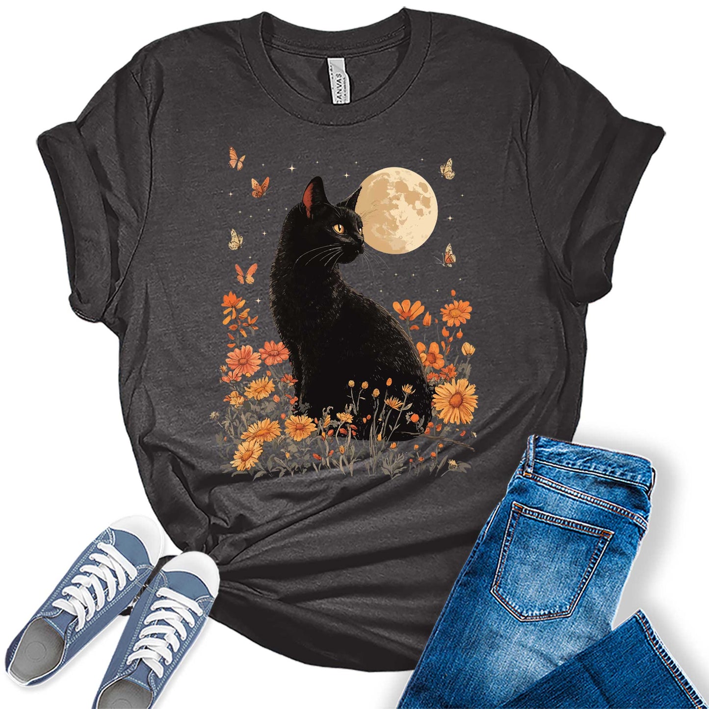 Cottagecore Shirt Vintage Black Cat Tshirts Floral Moon Fall Graphic Tees for Women