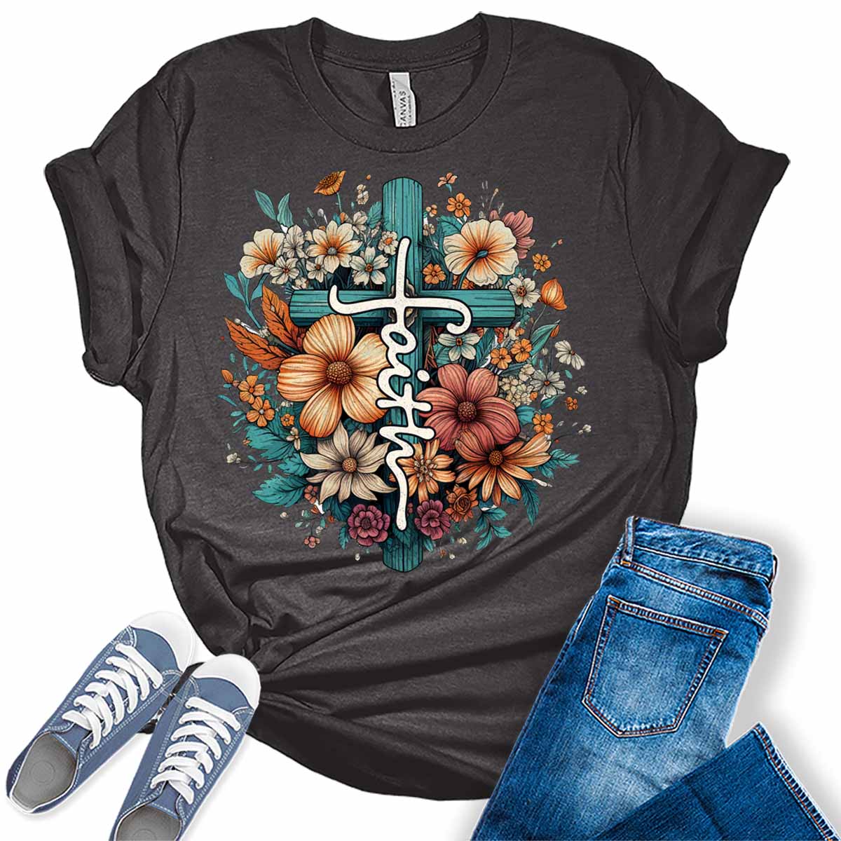 Faith Shirt Floral Cross Tshirts Christian Graphic Tees for Women