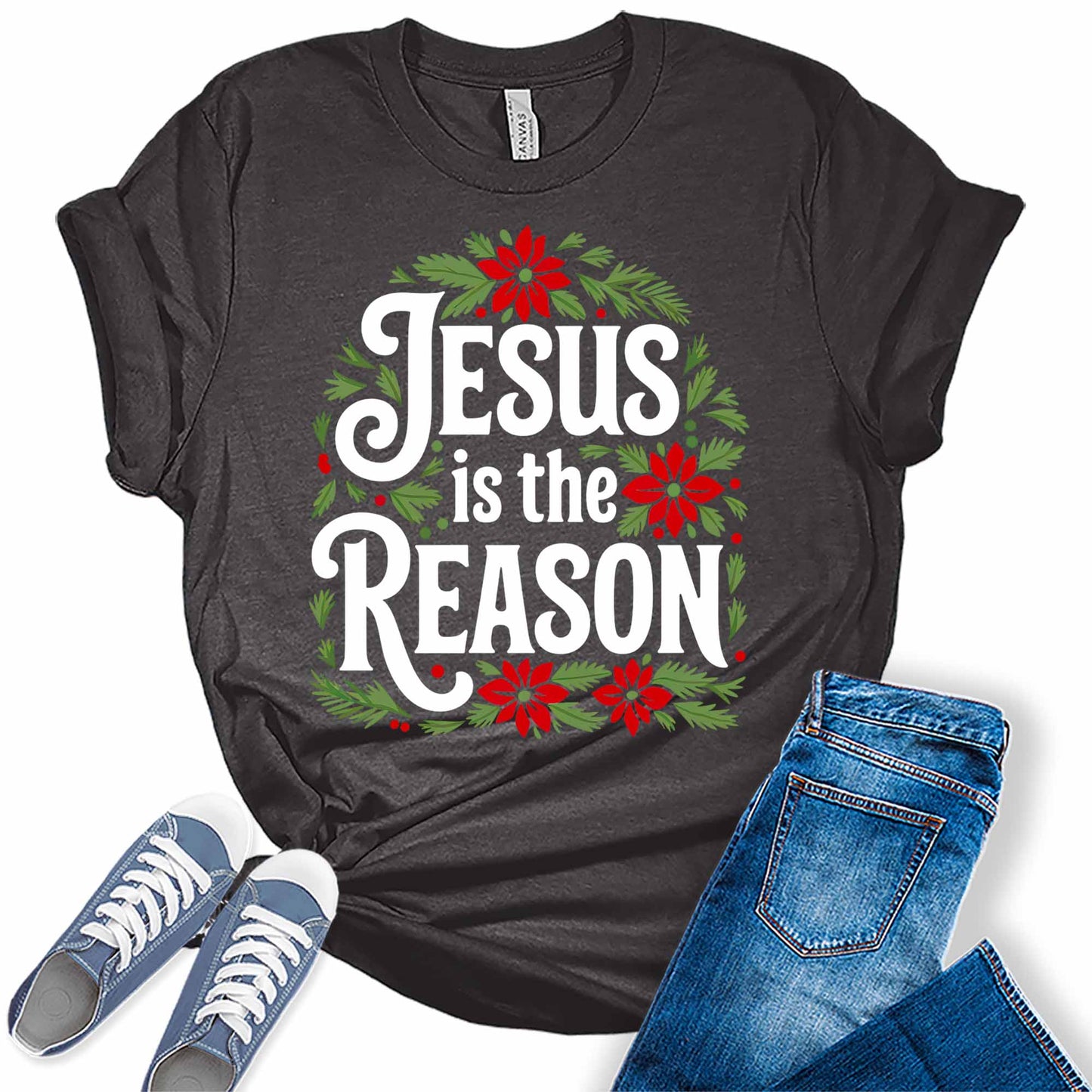 Women's Jesus Is The Reason Christmas Holiday Christian Poinsettia Graphic Tees