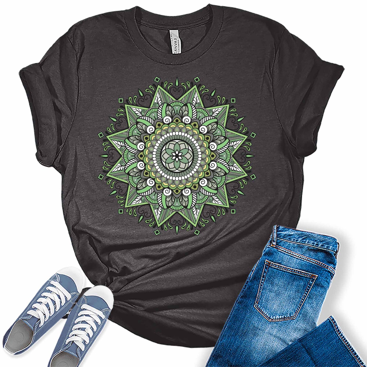 Vintage Green Mandala Shirt Casual Graphic Tees for Women Short Sleeve Plus Size Summer Tops