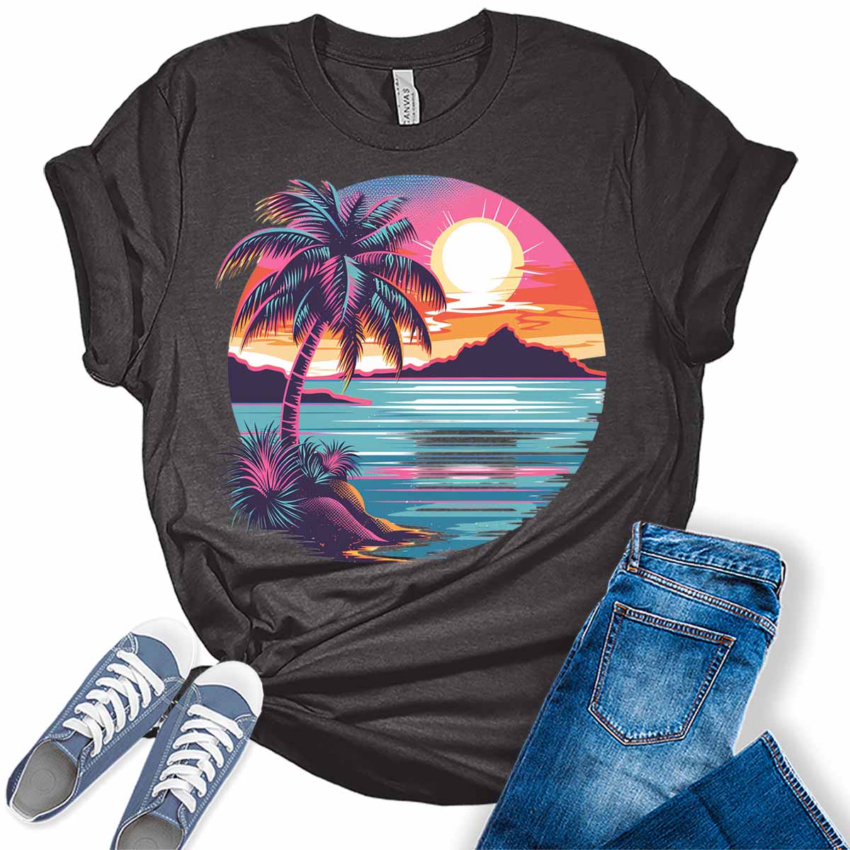 Womens Summer Tops Retro Vintage Beach Shirts Trendy Plus Size Graphic Tees