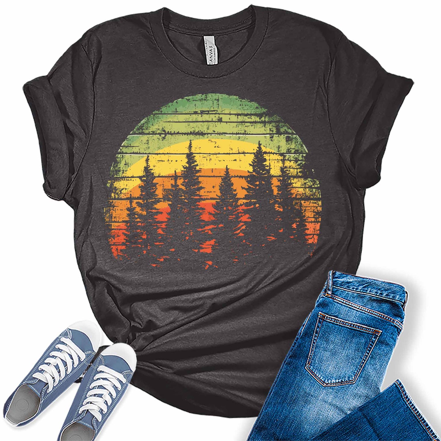Trendy Hiking Pine Trees Sunset Womens Graphic Tees