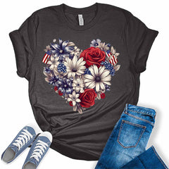Womens 4th of July Shirts Patriotic American Flag Floral Heart Tshirts Bella Sunflower Short Sleeve Summer Graphic Tees