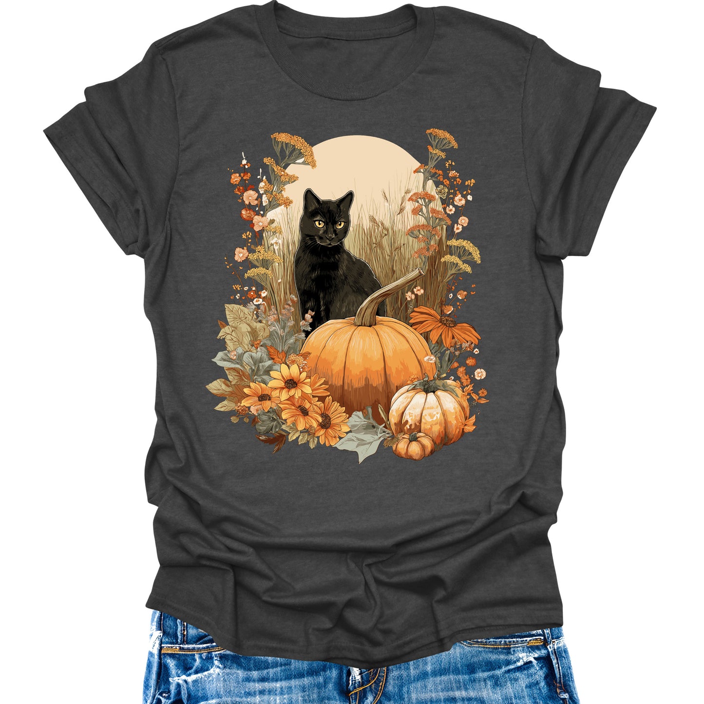 Cat Shirts Vintage Pumpkin Womens Fall T-Shirts Cute Autumn Graphic Tees Thanksgiving Tops