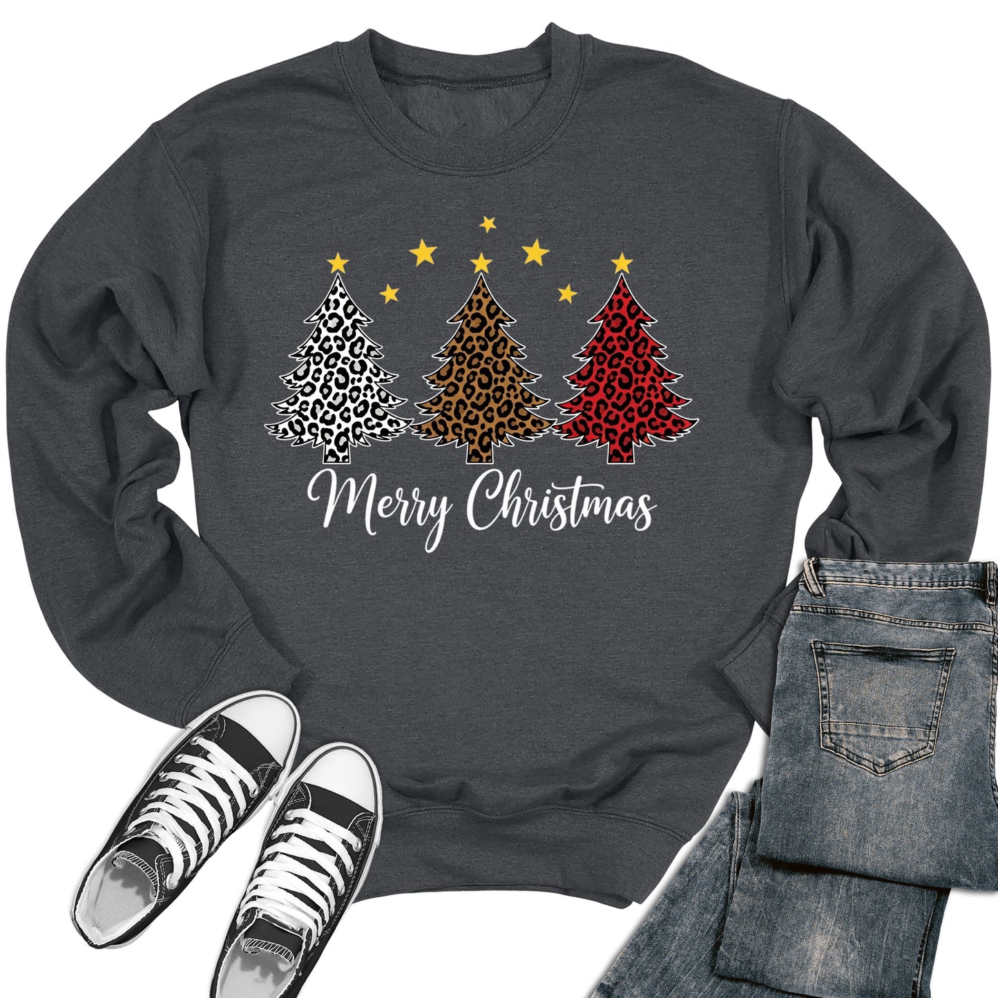 Merry Christmas Sweaters For Women Christmas Tree Leopard Print Holiday Long Sleeve Crewneck Tops