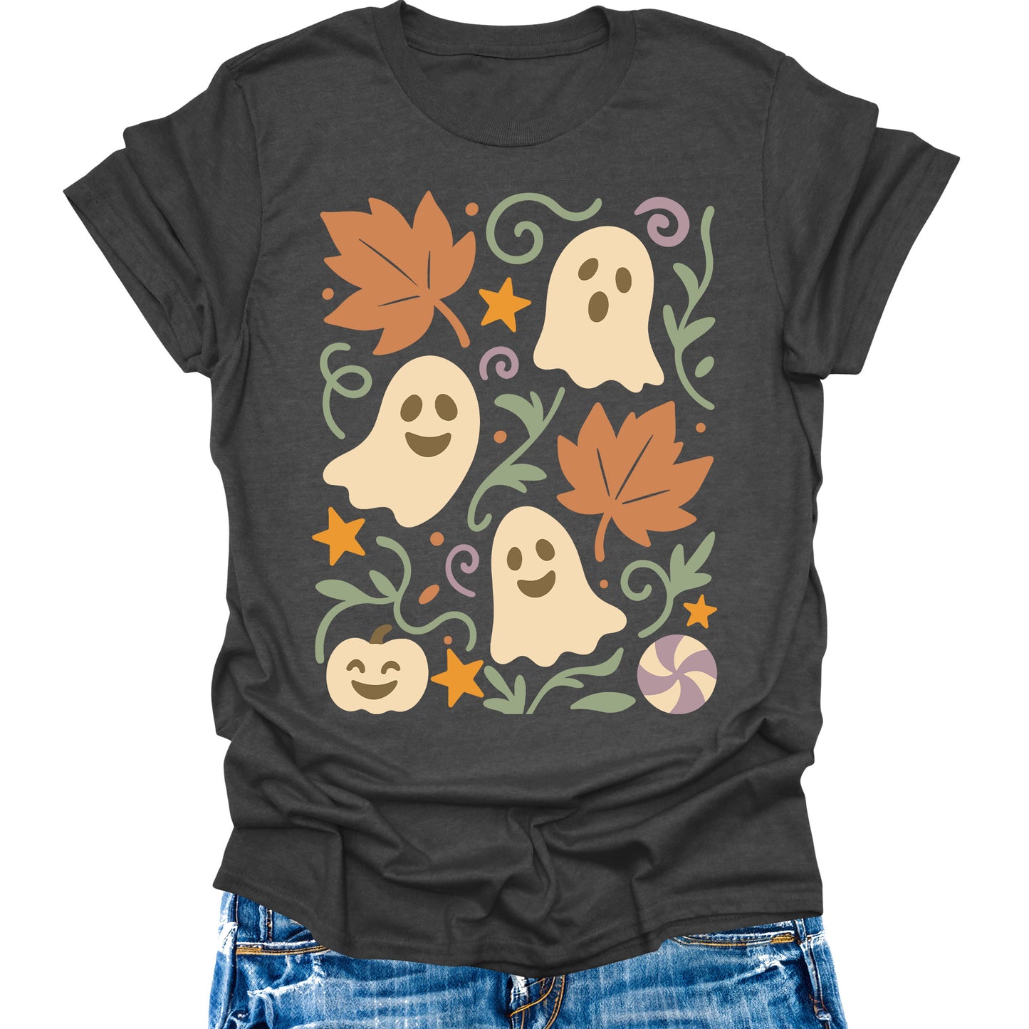Halloween Pumpkin Shirts Womens Vintage Boho Ghost Fall T-Shirts Cute Autumn Graphic Tees Thanksgiving Tops