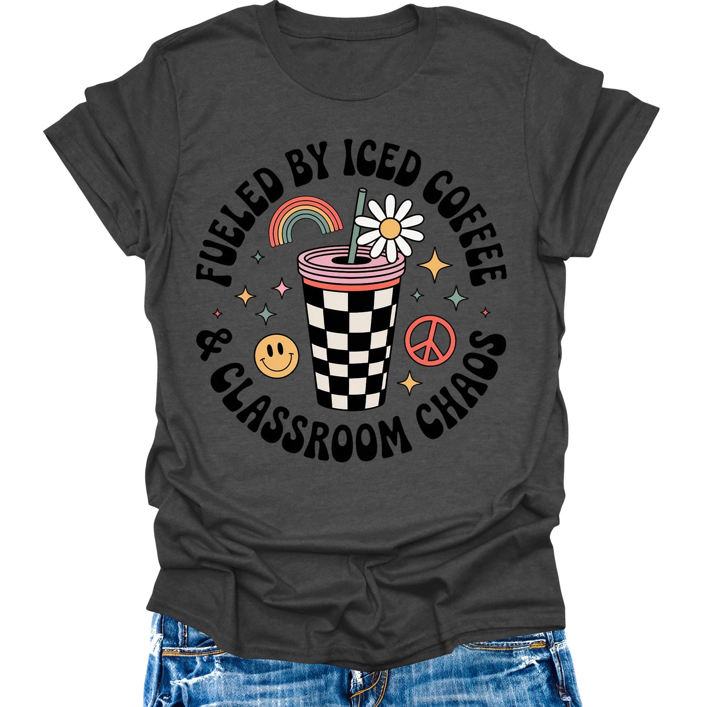 Fueled By Caffeine and Chaos Teacher Shirt Retro Vintage Funny Back to School Graphic Tees Womens Tops