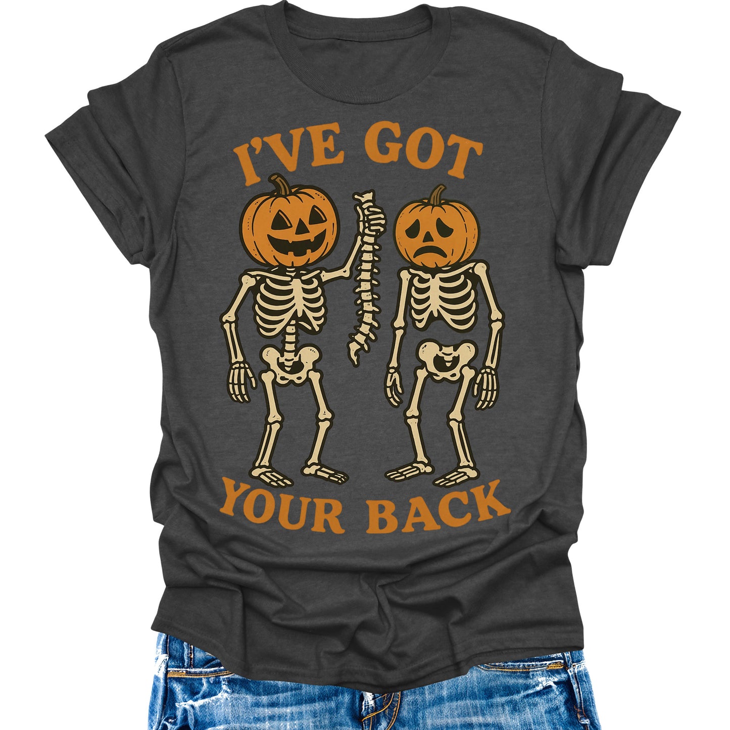 I've Got Your Back T- Shirt Halloween Skeleton Pumpkin Shirts Womens Fall Cute Graphic Tees