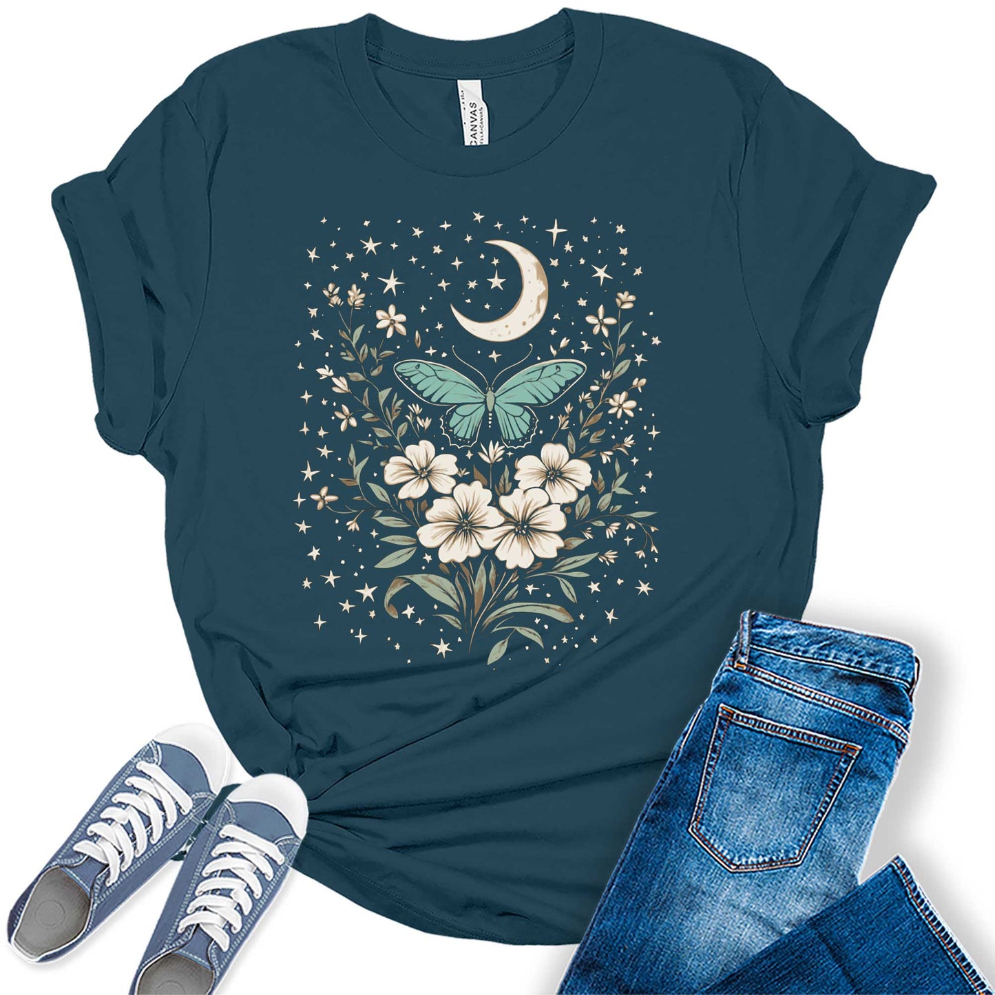 Womens Floral Shirts Flower Vintage Moth Moon Stars Graphic Tees Spring Cottagecore T Shirts Bella Summer Tops