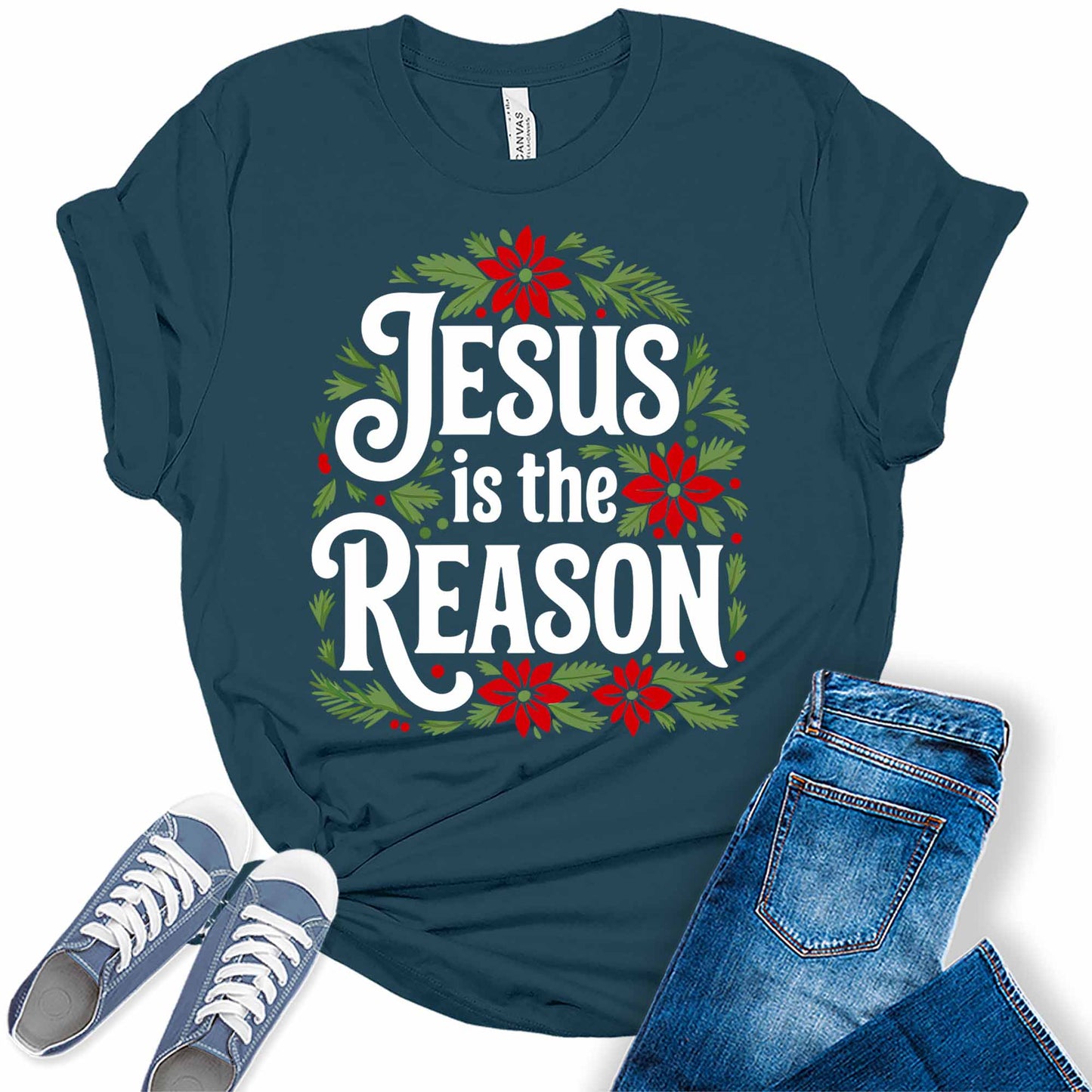 Women's Jesus Is The Reason Christmas Holiday Christian Poinsettia Graphic Tees