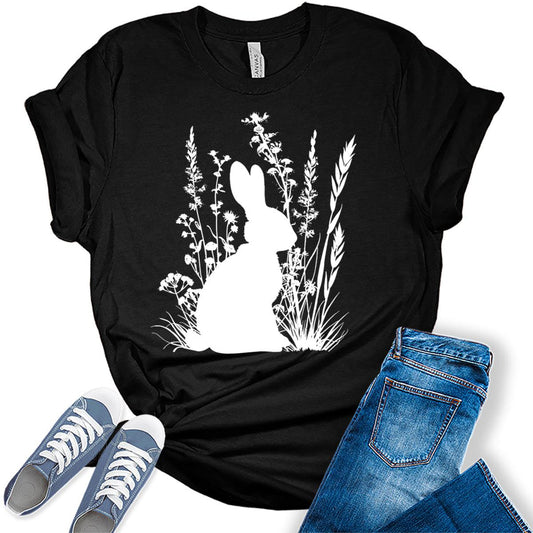 Easter Bunny T Shirt Floral Shirts for Women Wildflower Plus Size Graphic Tees