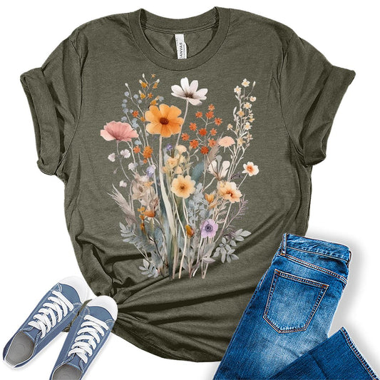 Vintage Boho Tops Trendy Wildflower Cottagecore Shirts Womens Graphic Tees