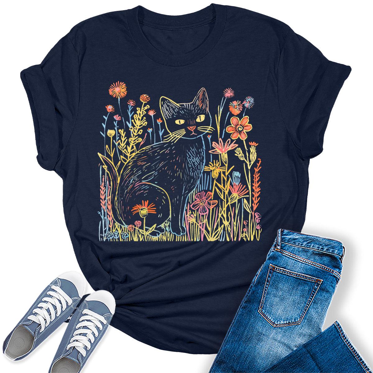 Cat Shirts Cute Wildflower Graphic Tees For Women