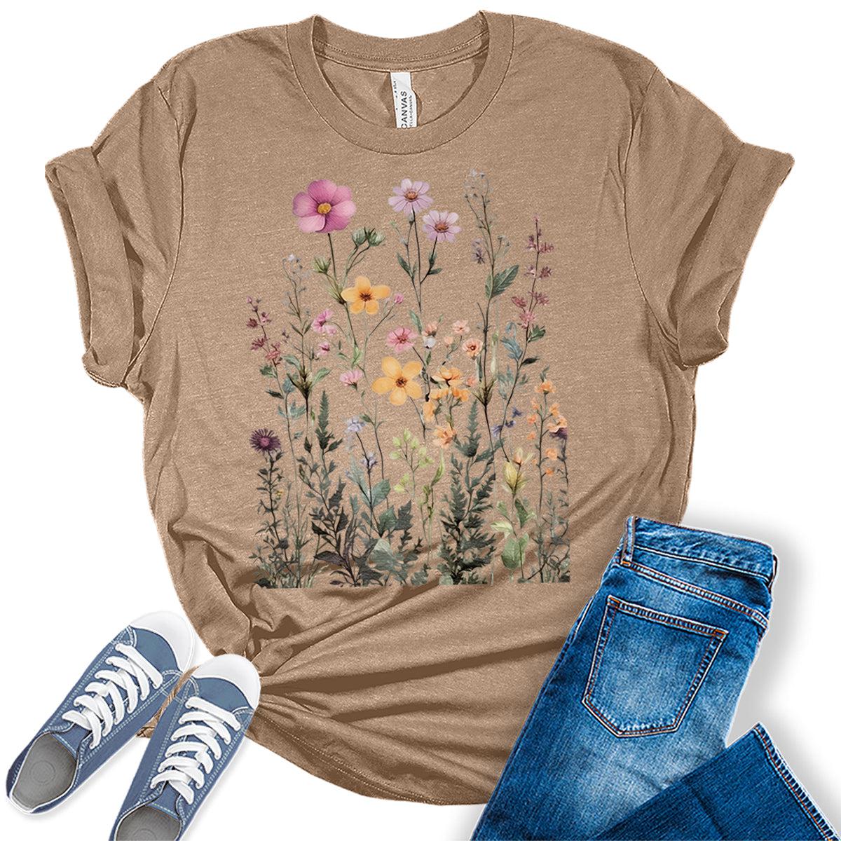 Boho Tops for Women Vintage Wildflowers Graphic Tees Floral Cottagecore Shirts