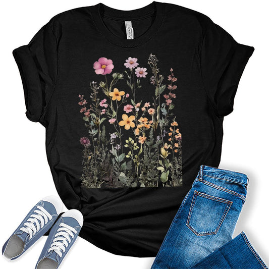 Boho Tops for Women Vintage Wildflowers Graphic Tees Floral Cottagecore Shirts