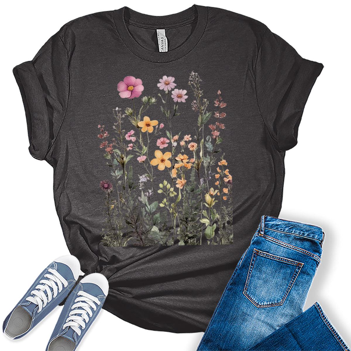 Boho Tops for Women Vintage Wildflowers Graphic Tees Floral Cottagecore Shirts