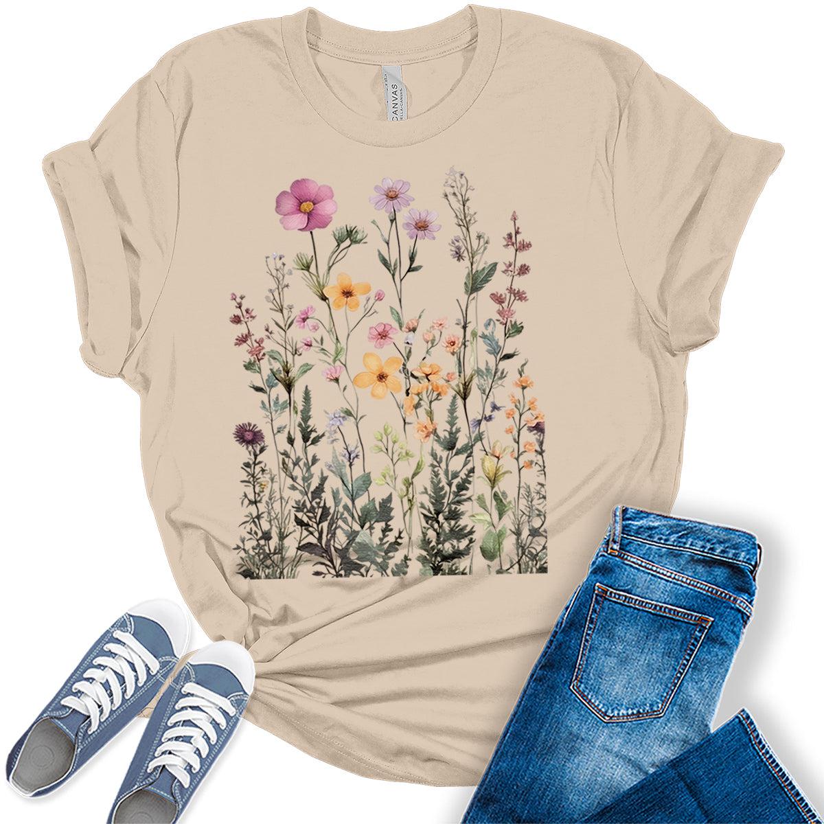 Boho Tops for Women Vintage Wildflowers Graphic Tees Floral Cottagecore Shirts