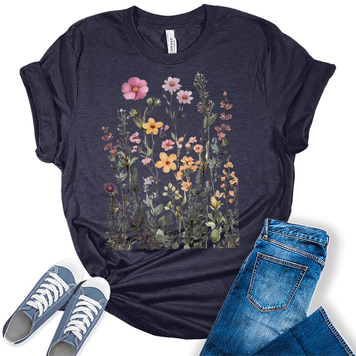 Boho Tops for Women Vintage Wildflowers Graphic Tees Floral Cottagecore Shirts