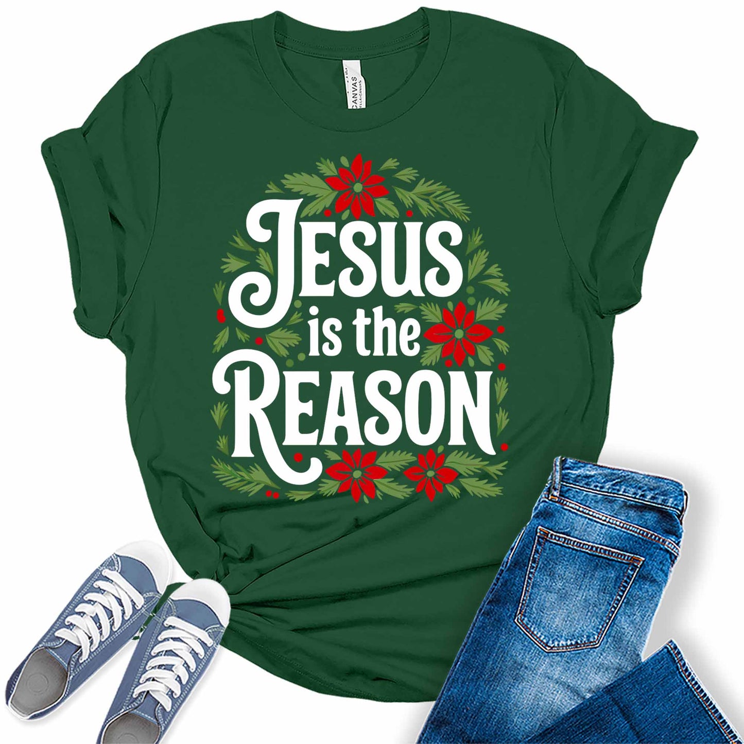 Women's Jesus Is The Reason Christmas Holiday Christian Poinsettia Graphic Tees