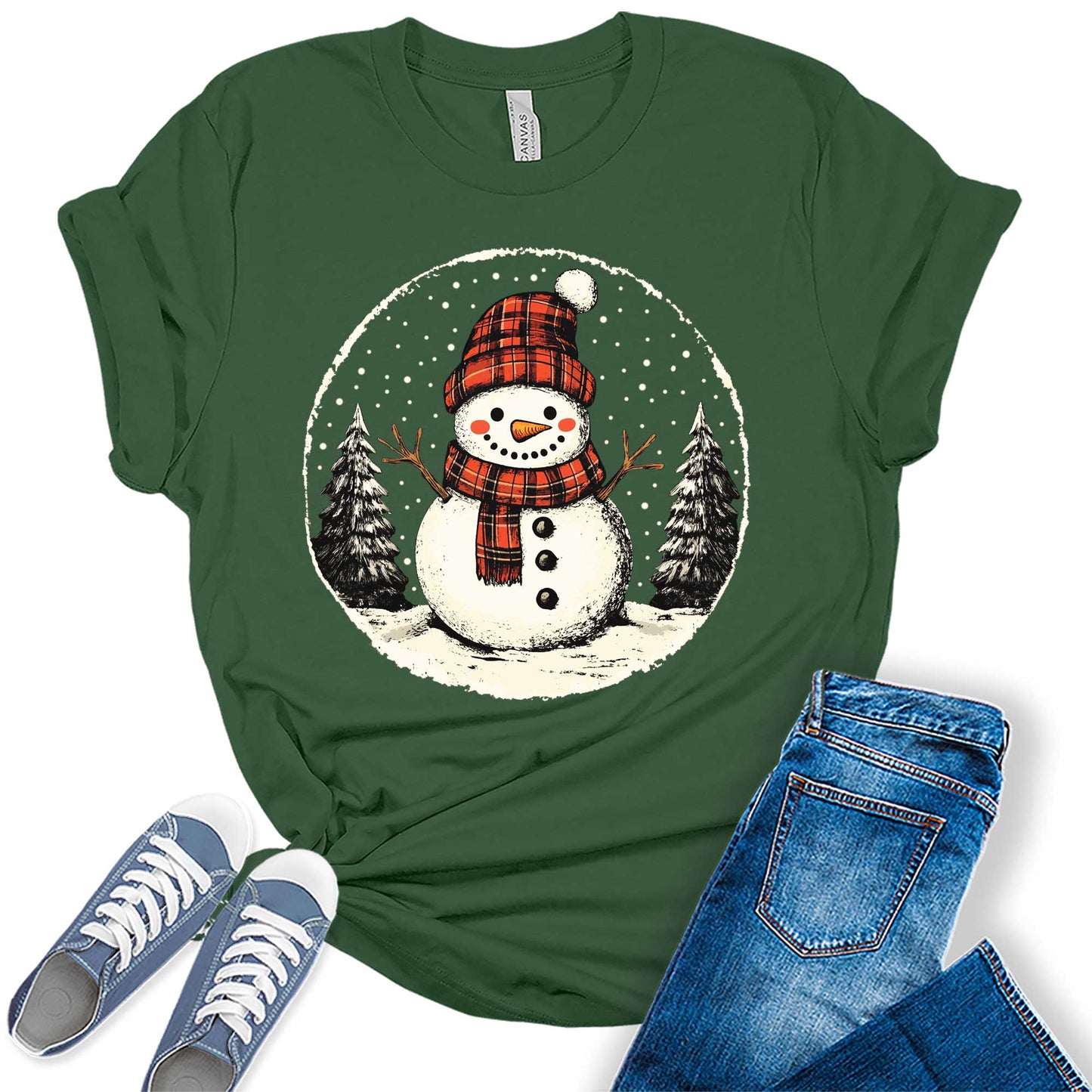 Women's Vintage Snowman Buffalo Plaid Graphic Tees