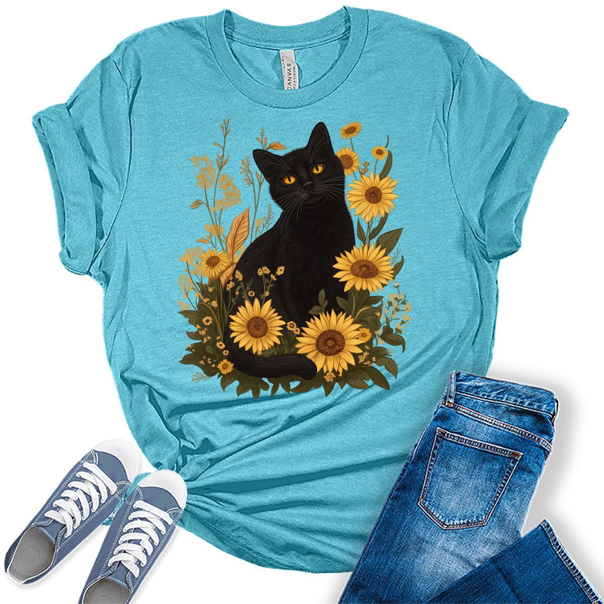 Womens Cat Shirts Sunflower Vintage Graphic Tees Spring Cottagecore T Shirts Bella Summer Tops