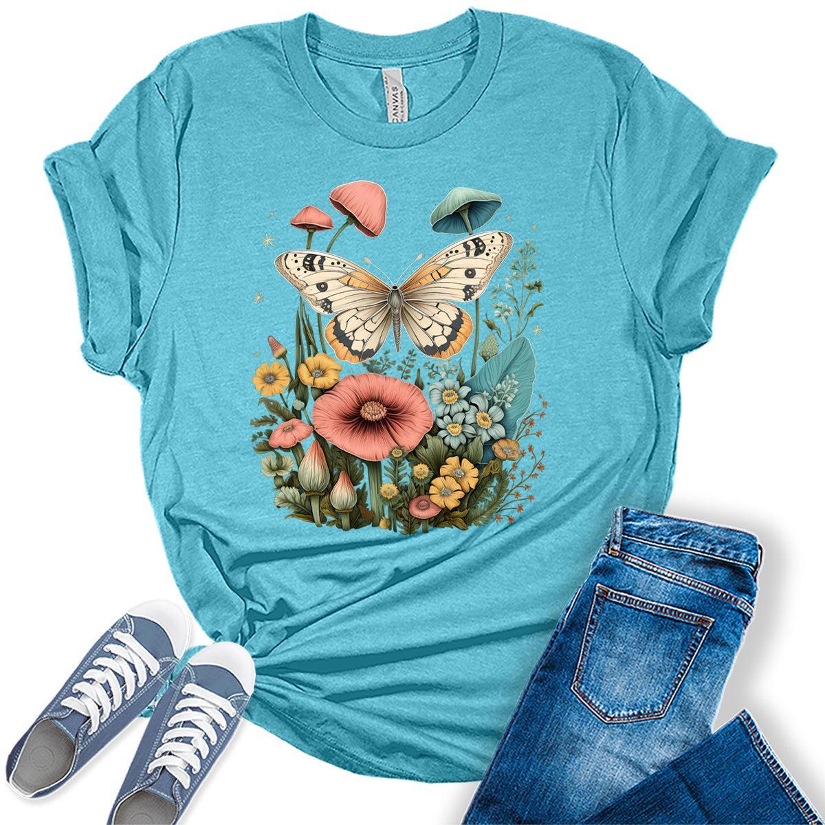 Womens Floral Shirts Wildflower Vintage Moth Moon Graphic Tees Spring Cottagecore T Shirts Bella Summer Tops