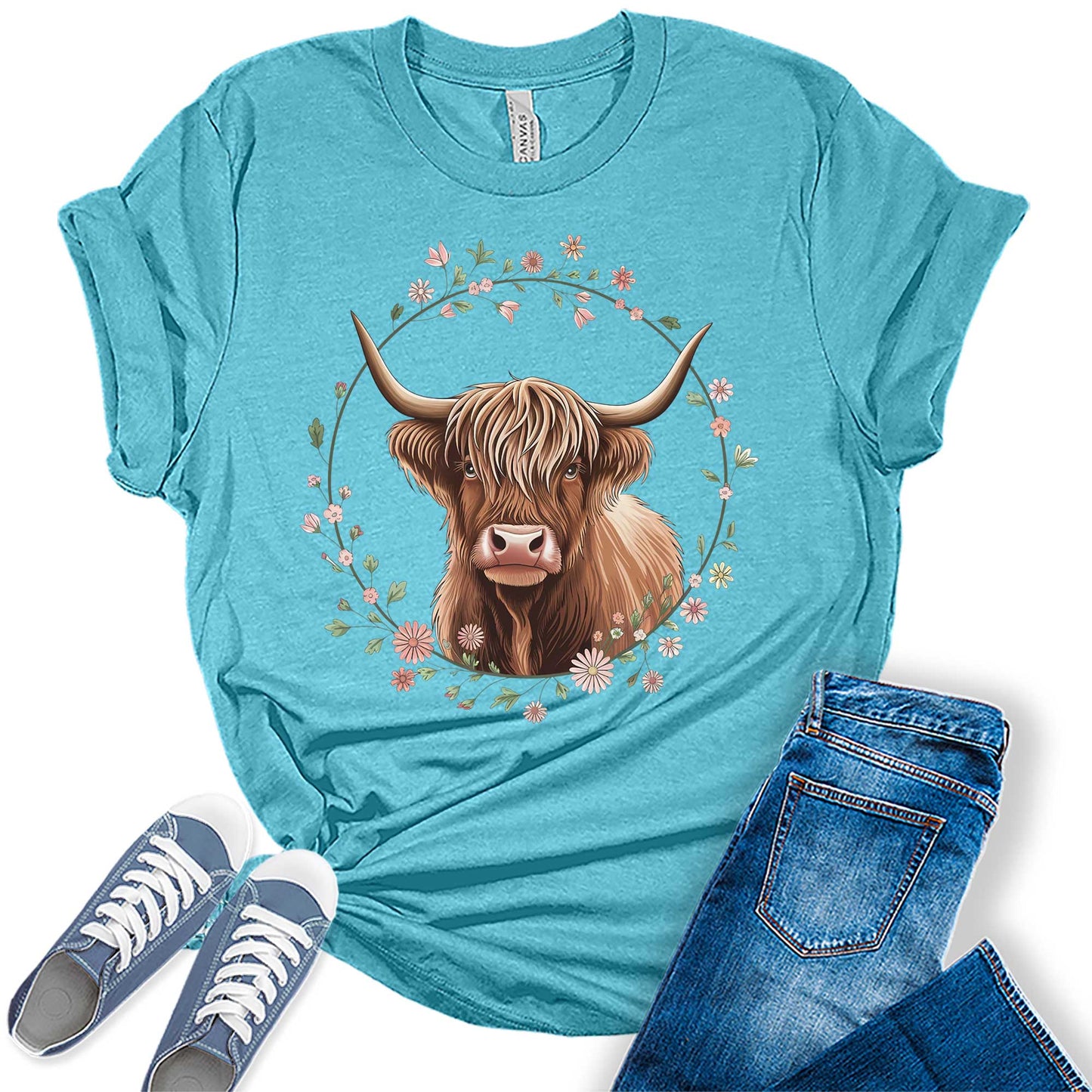 Floral Highland Cow Shirt Cute Cowgirl Tshirt Plus Size Graphic Tees for Women Short Sleeve Summer Tops