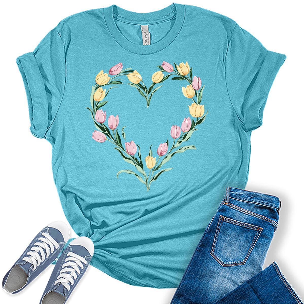 Womens Floral Heart Shirts Vintage Tulip Graphic Tees Spring Cottagecore T Shirts Bella Summer Tops