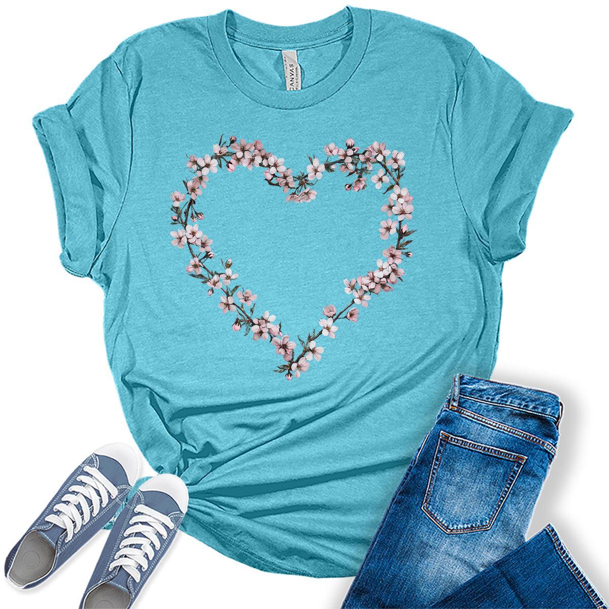 Womens Floral Shirts Cherry Blossom Heart Graphic Tees Spring Cottagecore T Shirts Bella Summer Tops