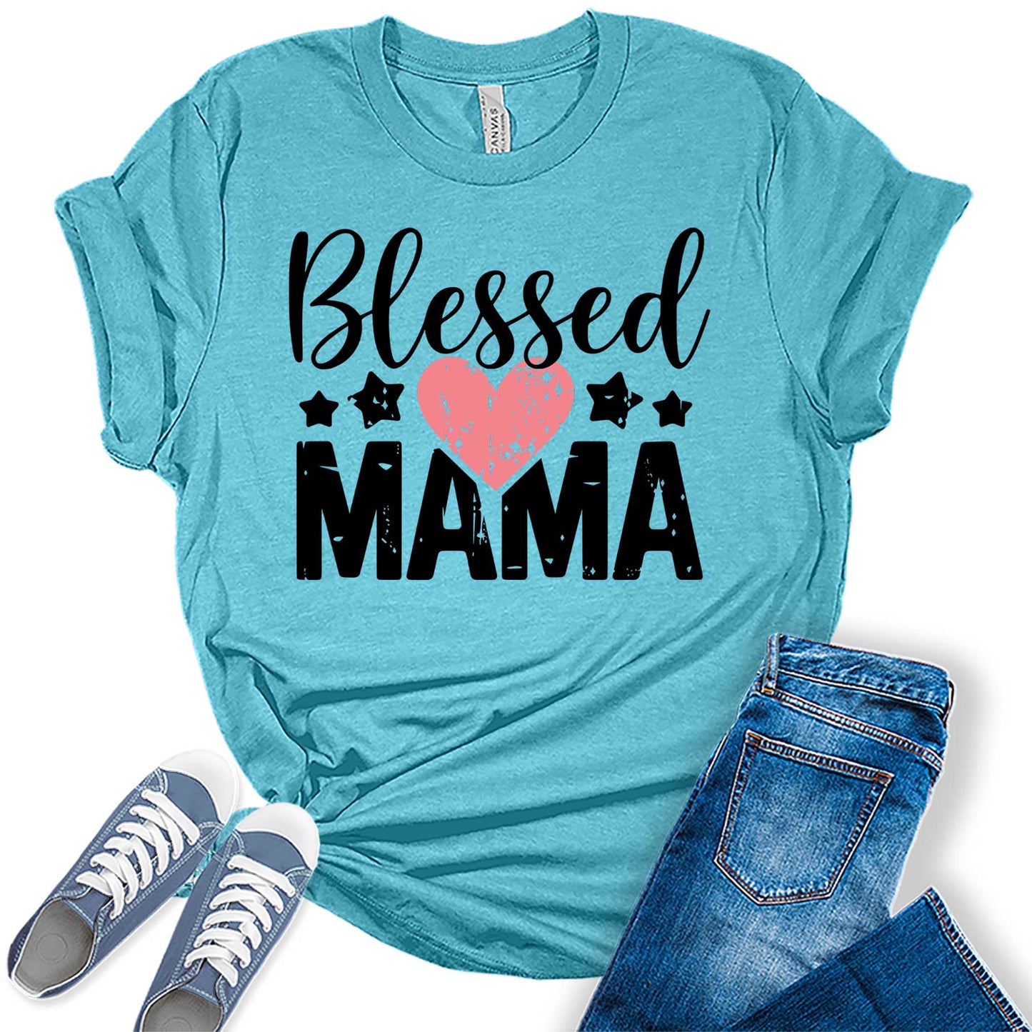 Women's Blessed Mama Shirt Mom Women Mother's Day T-Shirt Heart Casual Graphic Tees Bella Plus Sized Tops