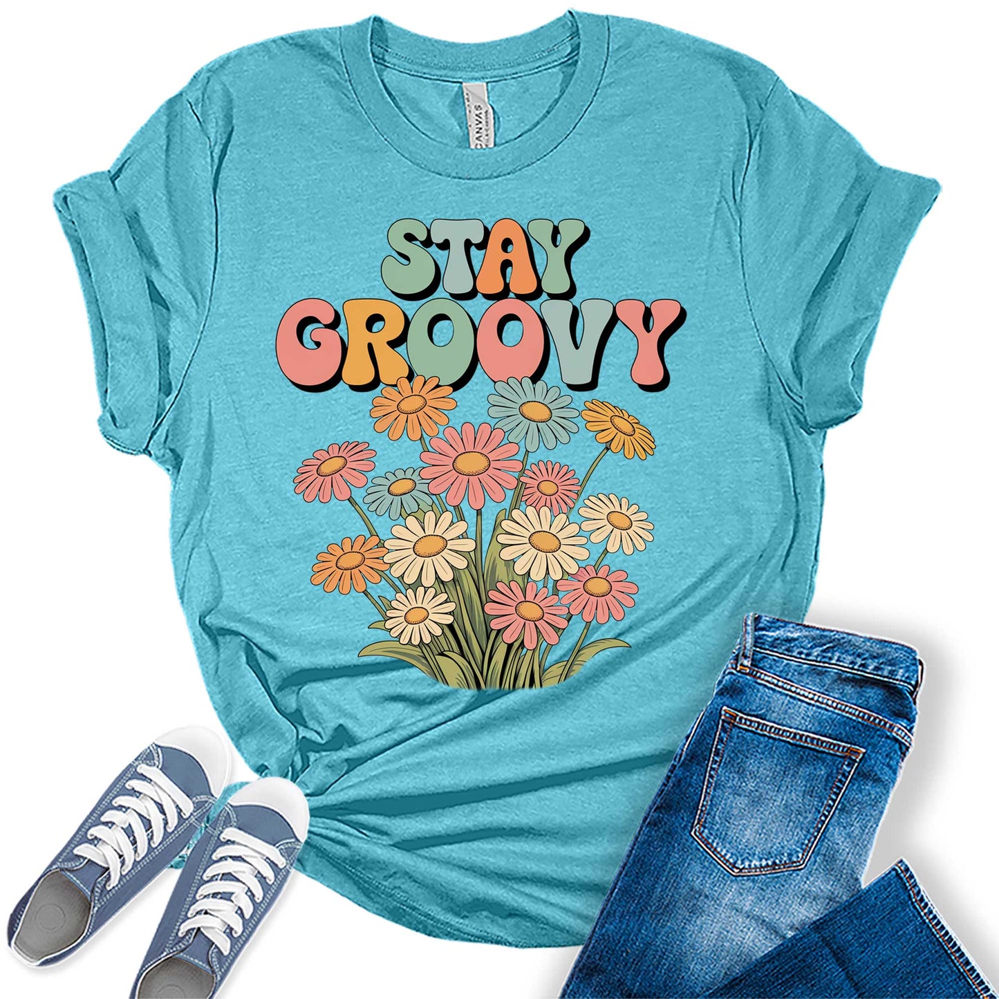 Women's Retro Stay Groovy Shirt Casual 70s Hippie Graphic Tees Bella Plus Sized Tops