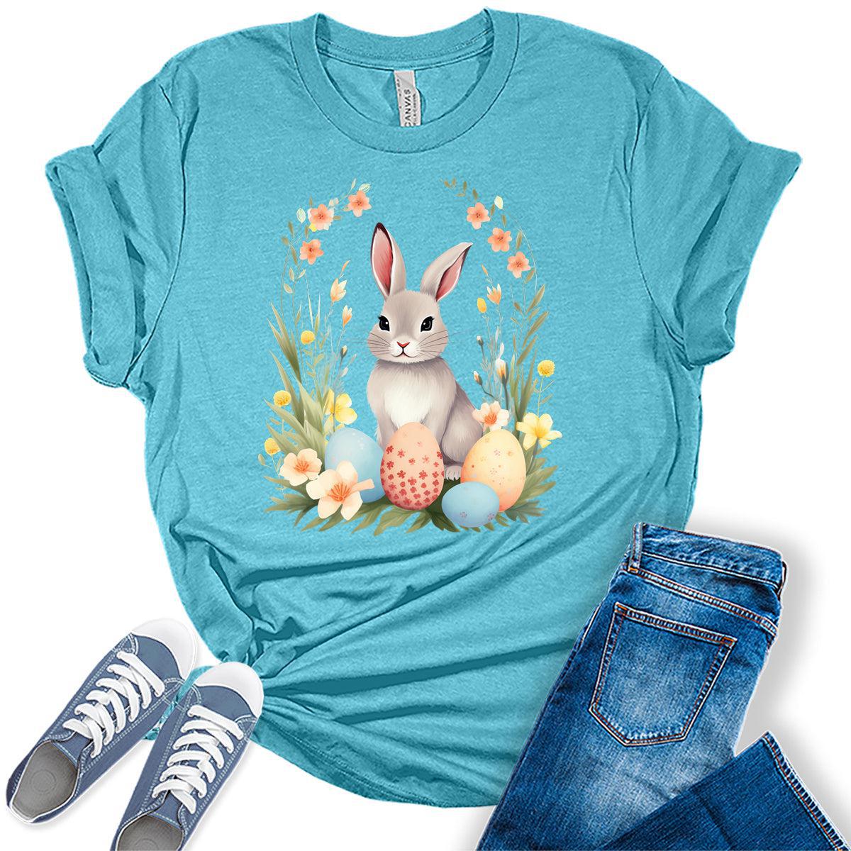 Women's Easter Shirts Bunny Eggs Cute Trendy Casual Graphic Tees Bella Plus Sized Tops