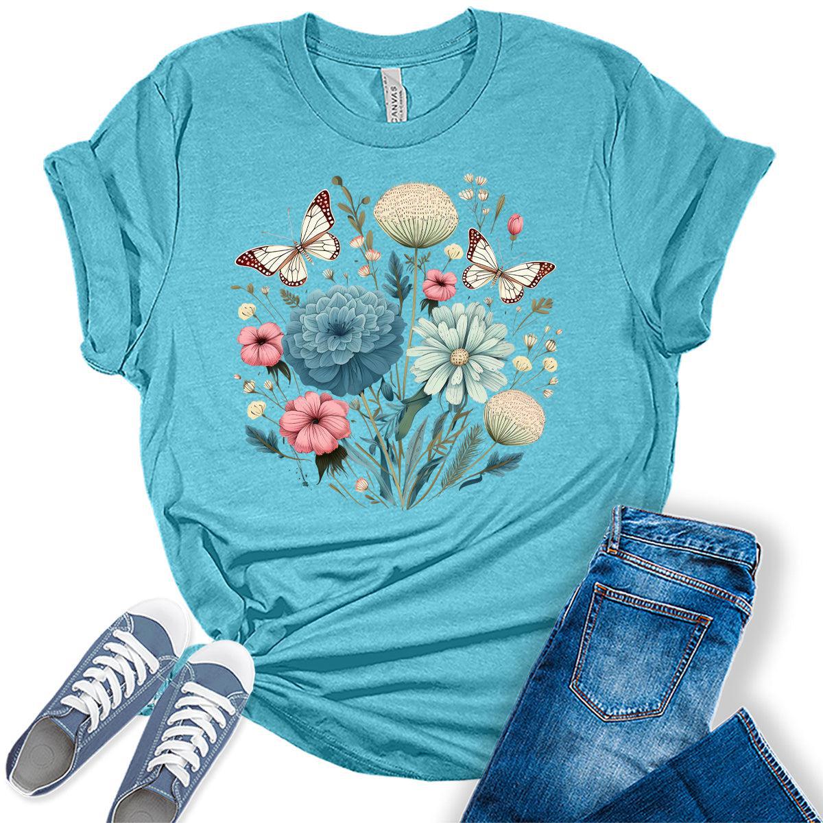 Women's Flower Vintage Summer Butterfly Shirts Cottagecore Cute Trendy Casual Graphic Tees Bella Plus Sized Tops