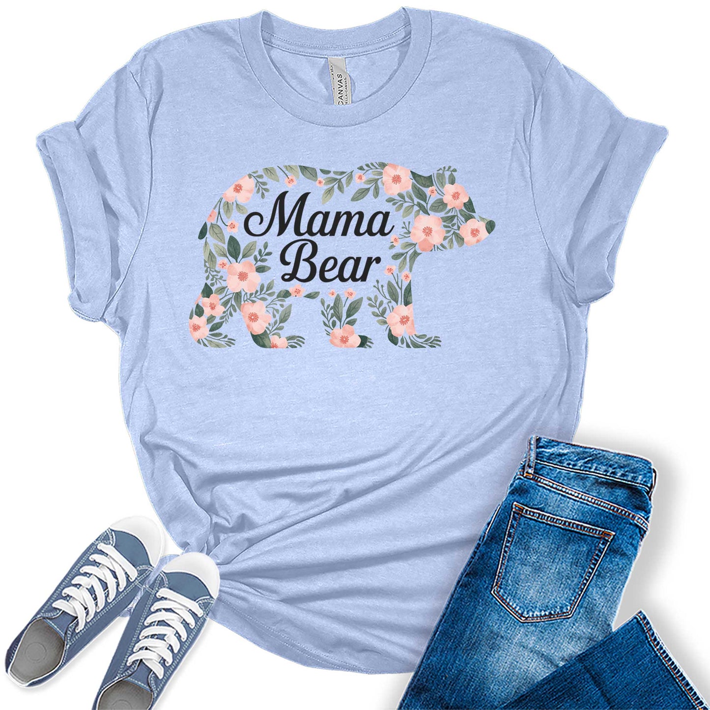 Womens Mama Shirt Mom Floral Bear Casual Graphic Tees Bella Plus Sized Tops