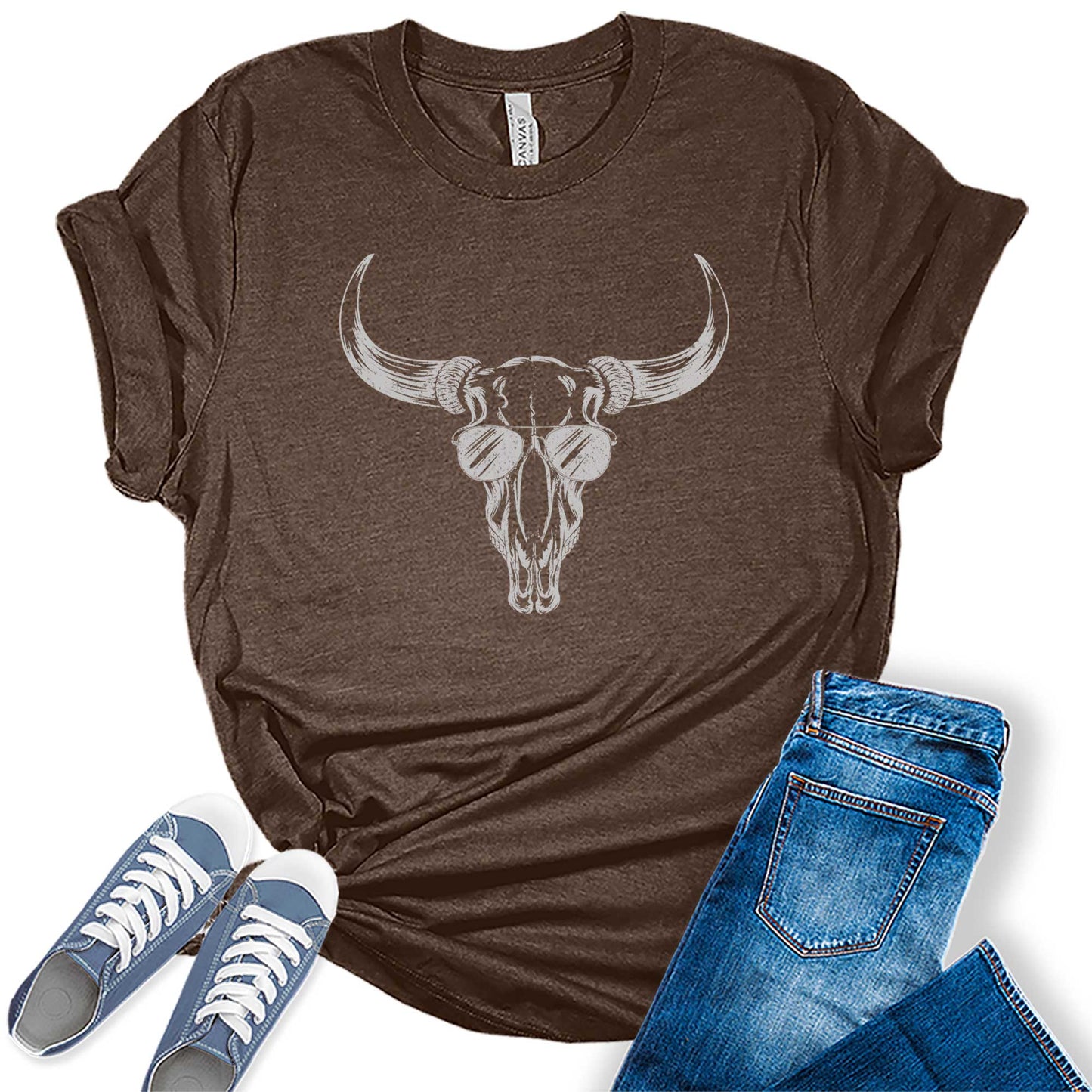 Western Outfit T Shirts Summer Country Rodeo Bull Skull With Sunglasses Graphic Tees Bella Plus Size Tops For Women