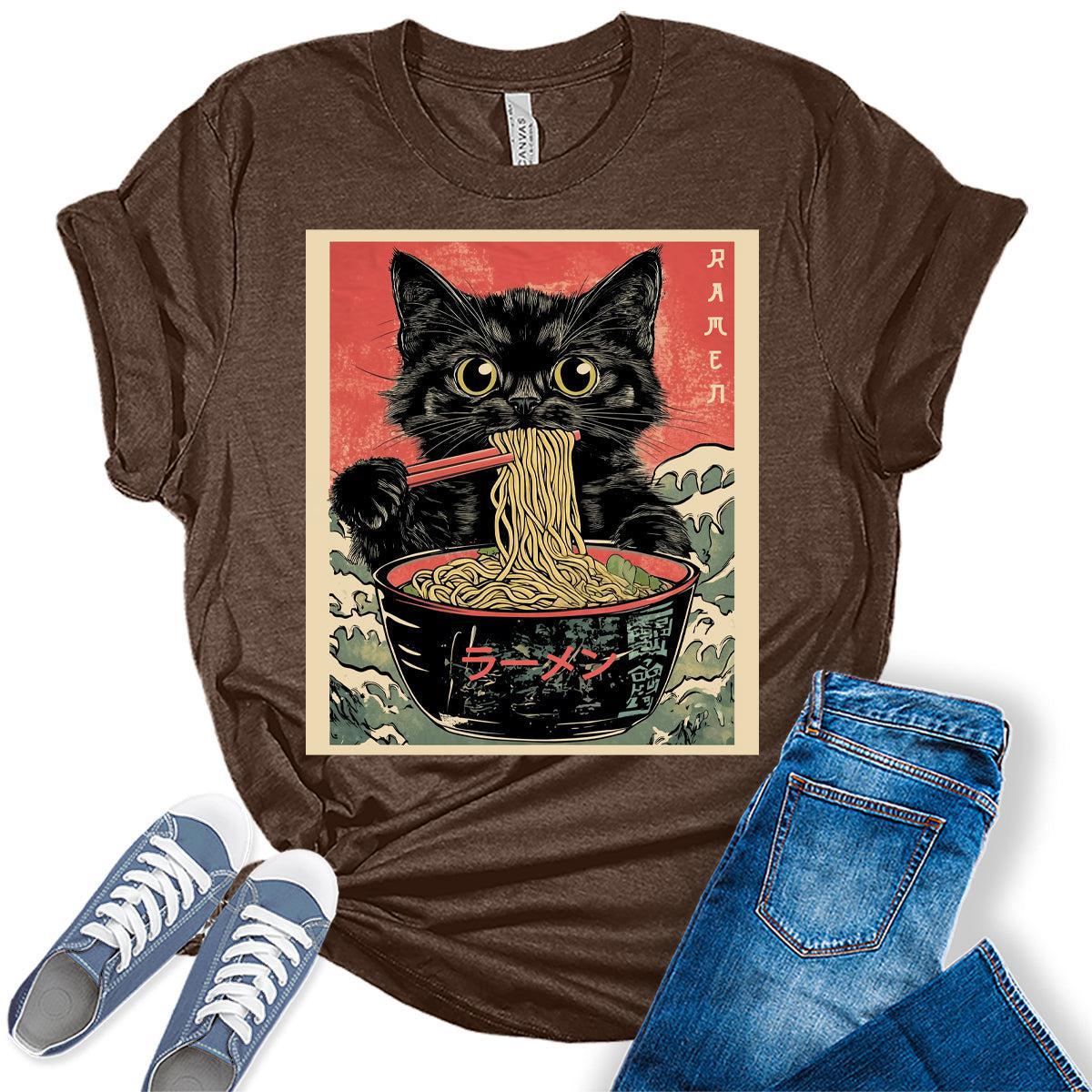 Cat Ramen Japanese Funny Graphic Tees Kawaii Cat Anime Gifts Women's T-Shirt