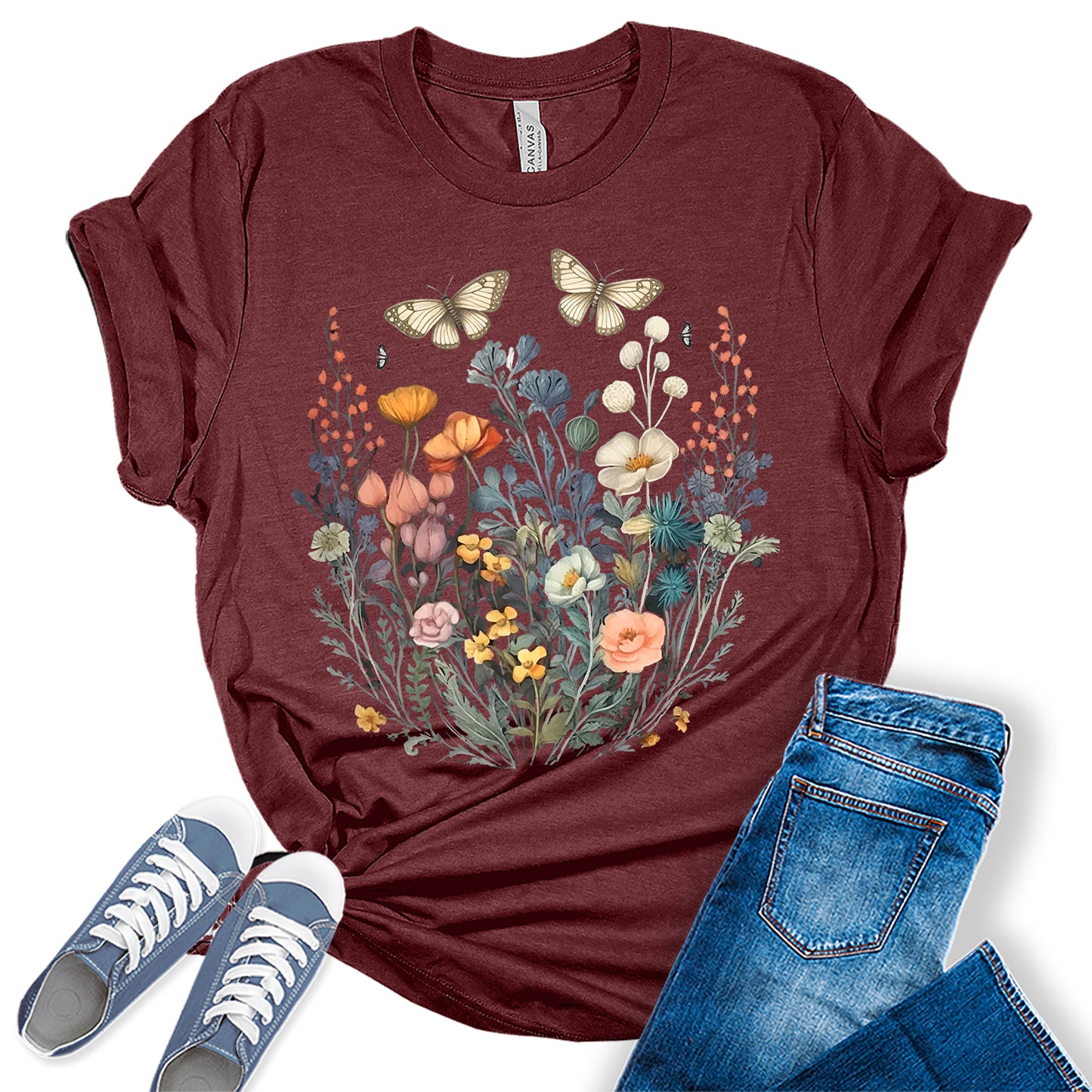 Women's Vintage Floral T Shirt Boho Wildflower Butterfly Cottagecore Graphic Tees Short Sleeve Casual Tops