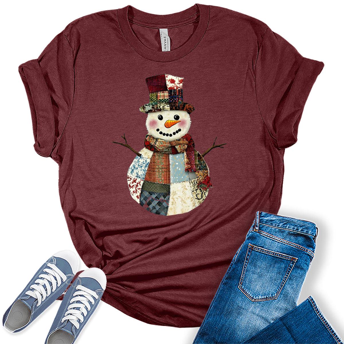 Women's Patch Work Snowman Christmas Graphic Tees