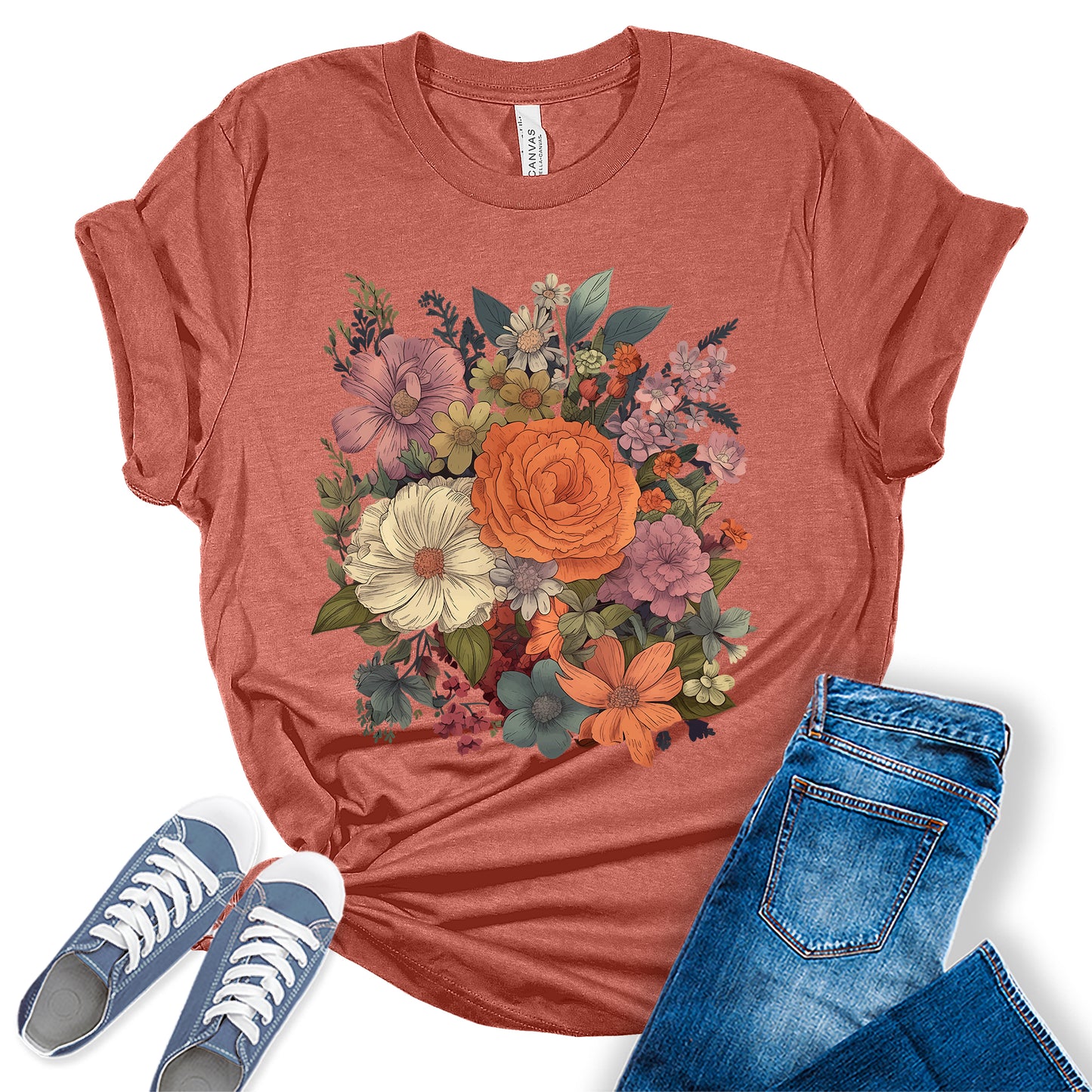 Women's Vintage Floral Fall T Shirt Boho Wildflower Cottagecore Graphic Tees Short Sleeve Casual Tops