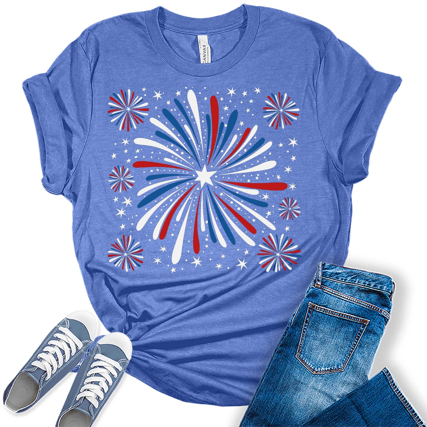 Womens 4th Of July Trendy Fireworks Patriotic Graphic Tees