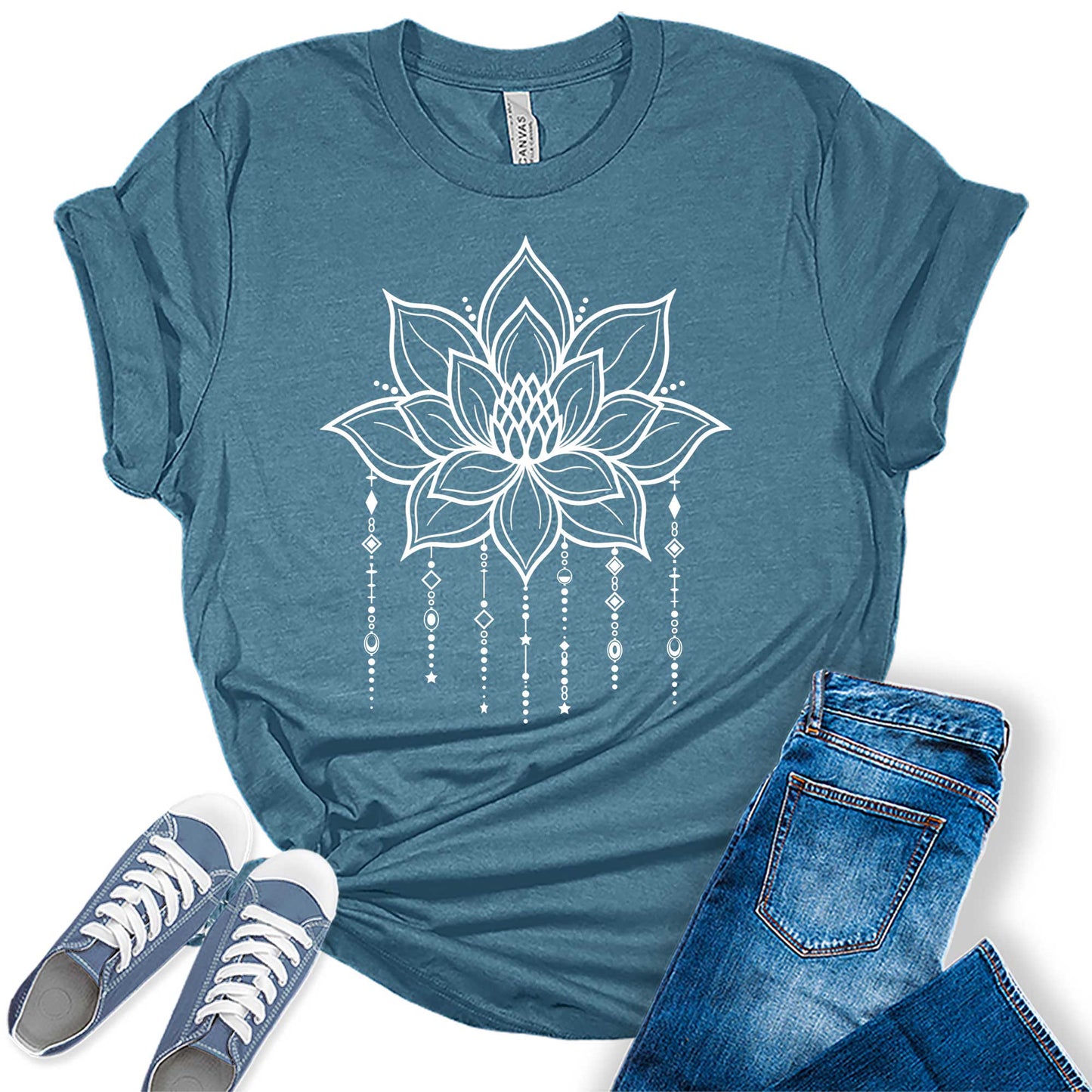 Mandala Shirt for Women Lotus Flower Graphic Tees Short Sleeve Casual Trendy T Shirts Tops