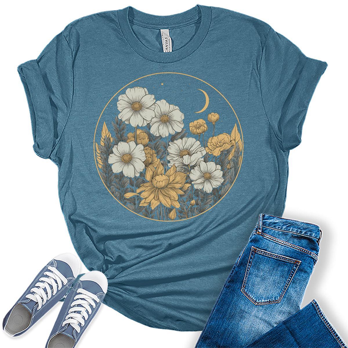 Floral Shirts Womens Graphic Tees Wildflower Vintage Moon Spring Cottagecore T Shirts Bella Summer Tops