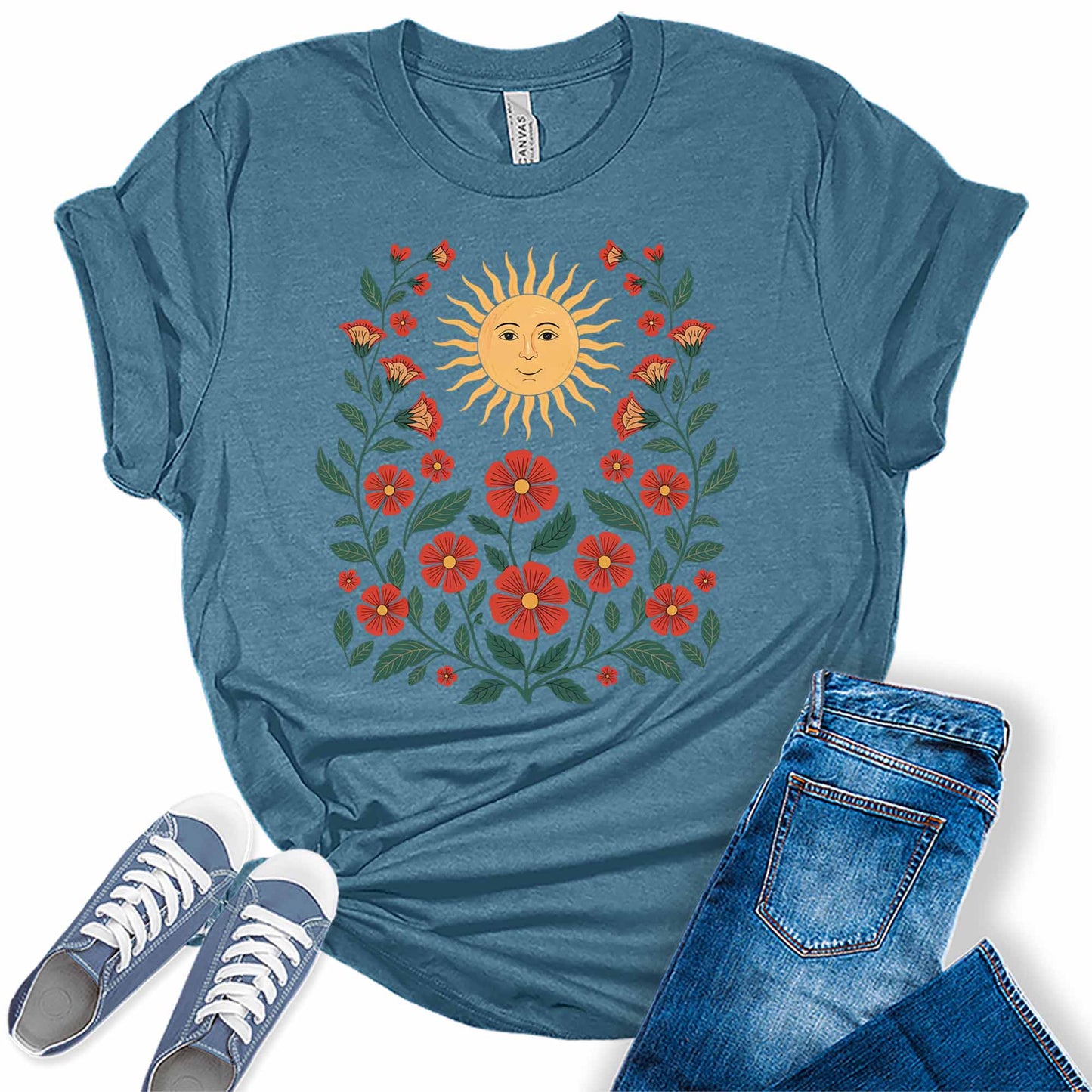 Womens Boho Flowers Wildflowers Sunshine Tee Cute Summer Graphic Shirts Short Sleeve T Shirt