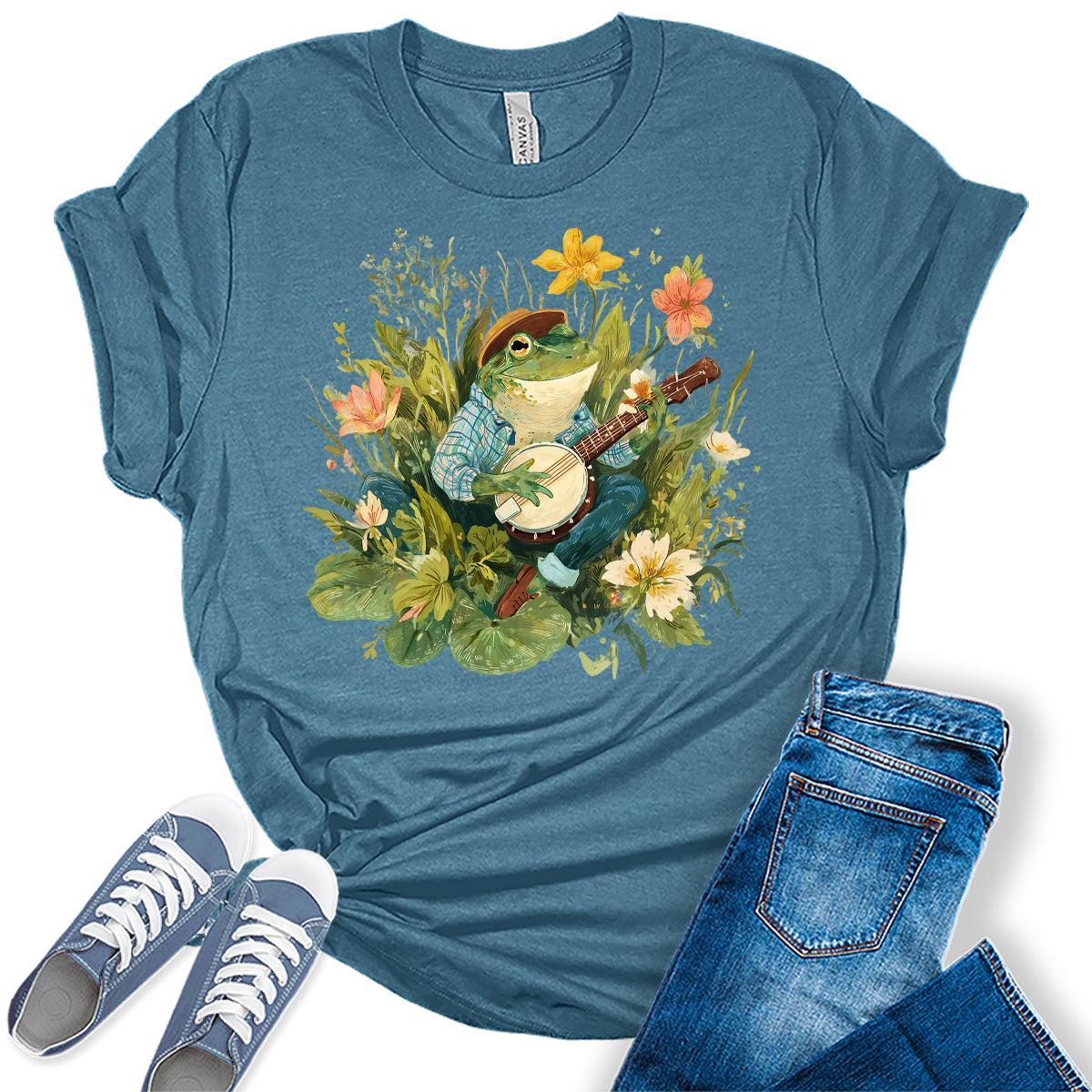 Womens Frog Shirts Wildflower Vintage Graphic Tees Spring Cottagecore T Shirts Bella Summer Tops
